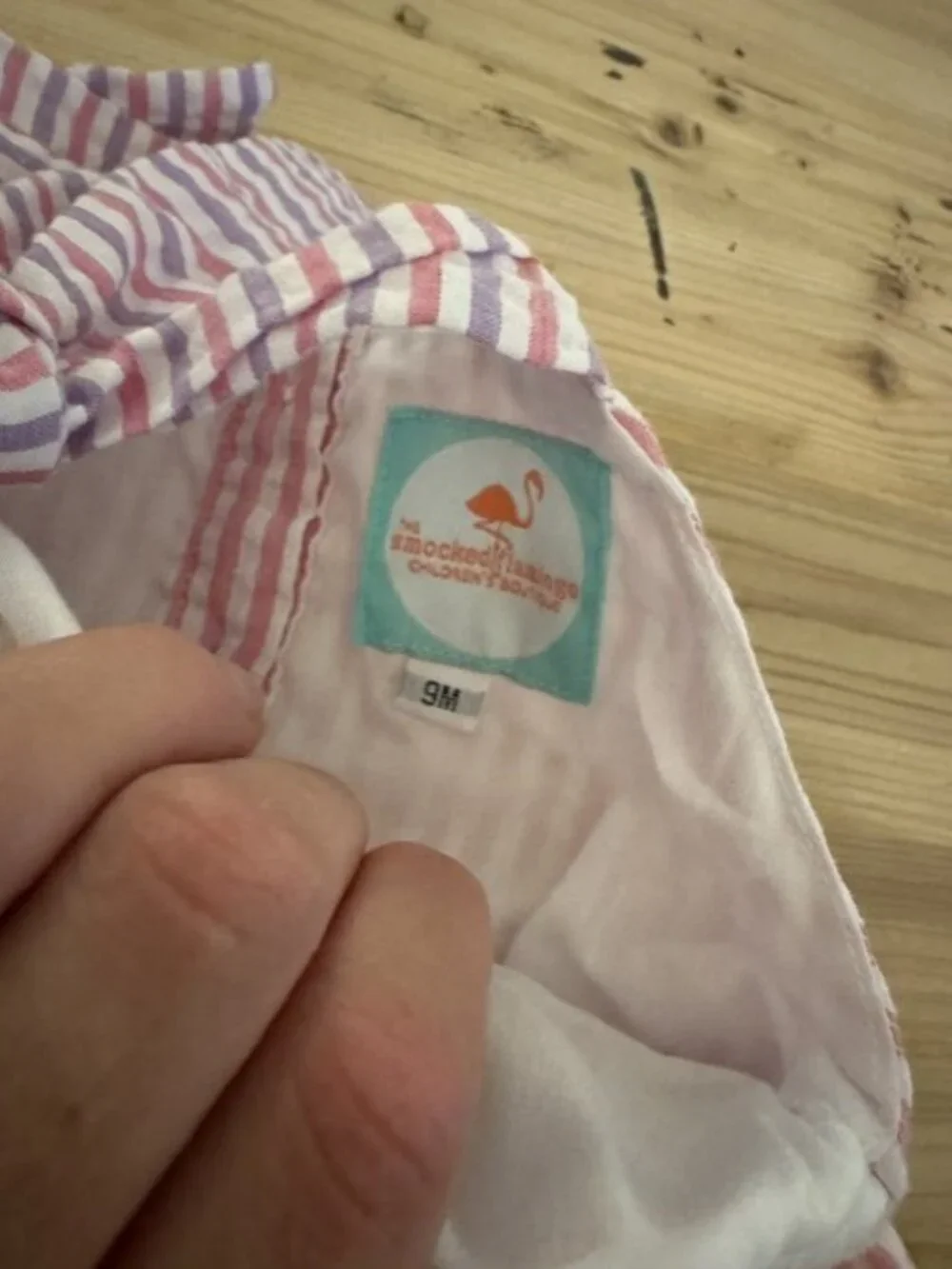 The Smocked Flamingo. Mini Mouse striped bubble. Size 9 mos